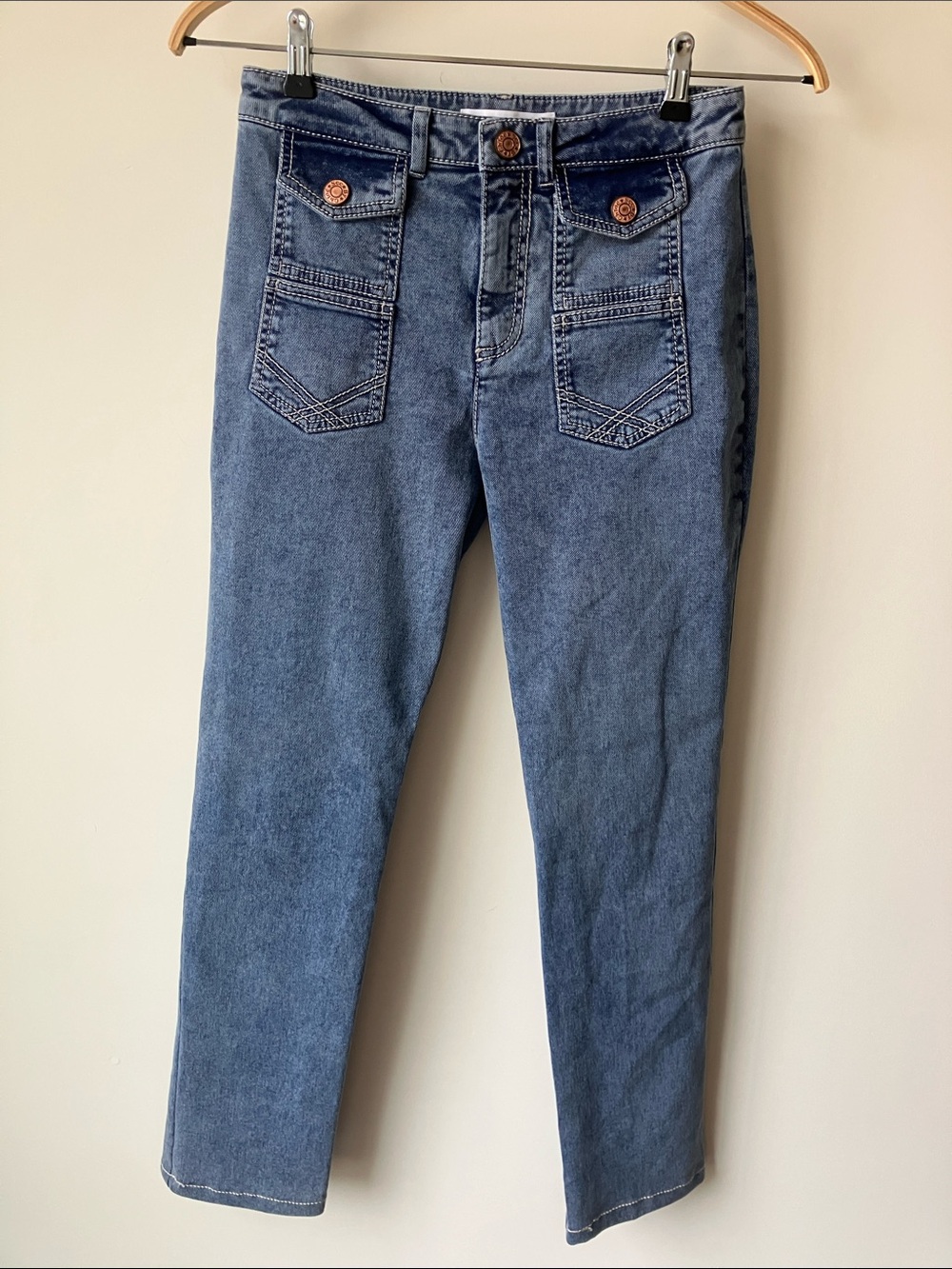 SEE BY CHLOE Straight-Leg Denim Jeans Front Flap Pockets Gold Buttons Size 27